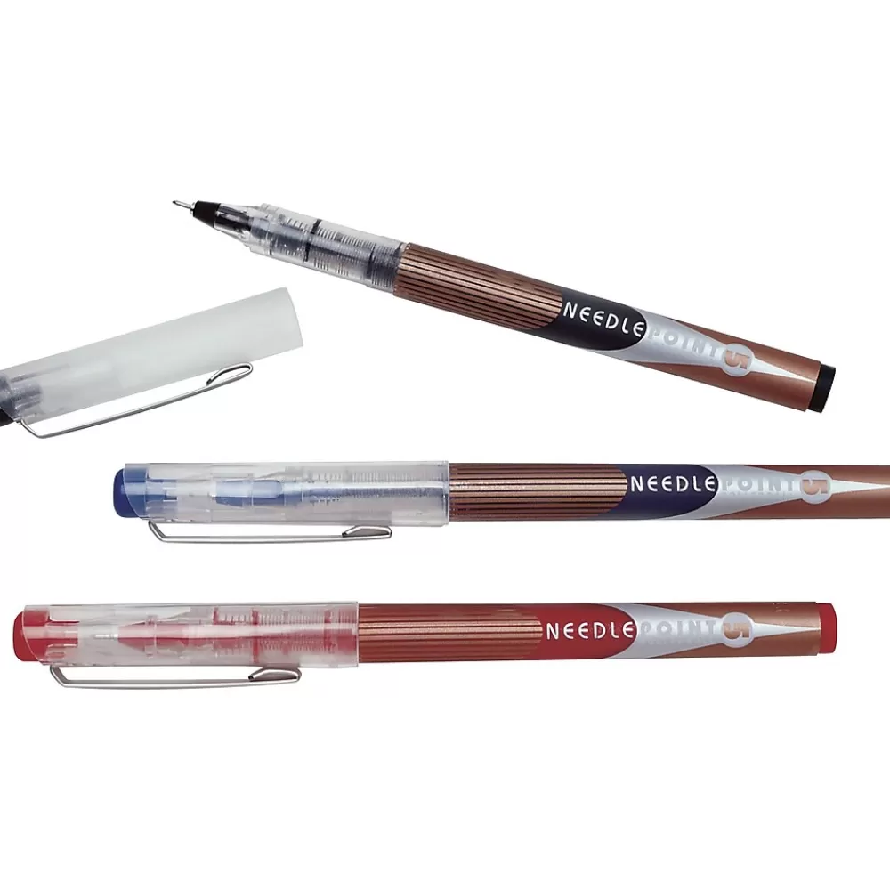 AbilityOne Pens<Skilcraft Needle Point Free Ink Rollerball Pens, Fine Point, Blue Ink / Blue Barrel, 12/Pk