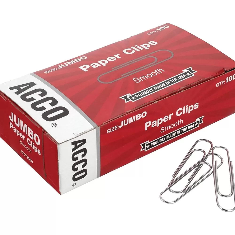 ACCO Clips & Fasteners<Economy Paper Clips, Jumbo, Silver, 100/Box (A7072580)