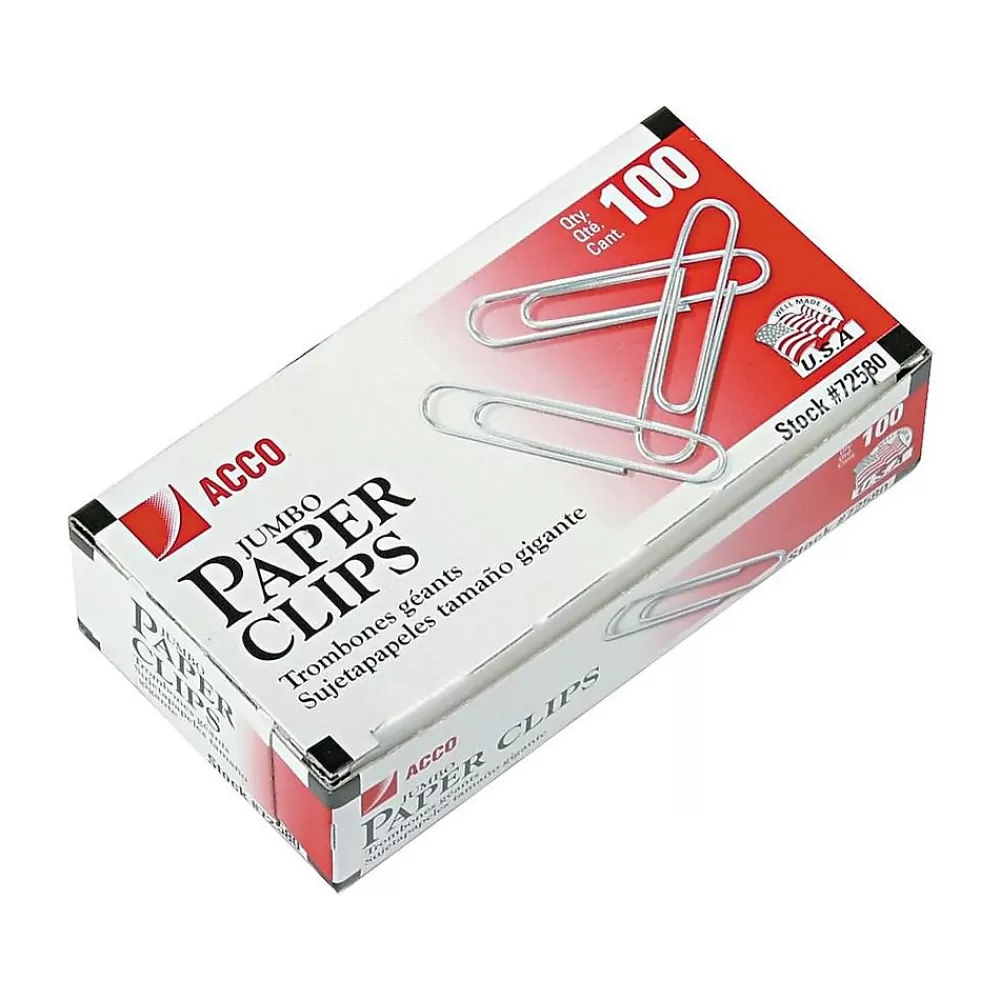 ACCO Clips & Fasteners<Jumbo Paper Clips, Silver, 100 Clips/Box, 10 Boxes/Pack (A7072580)