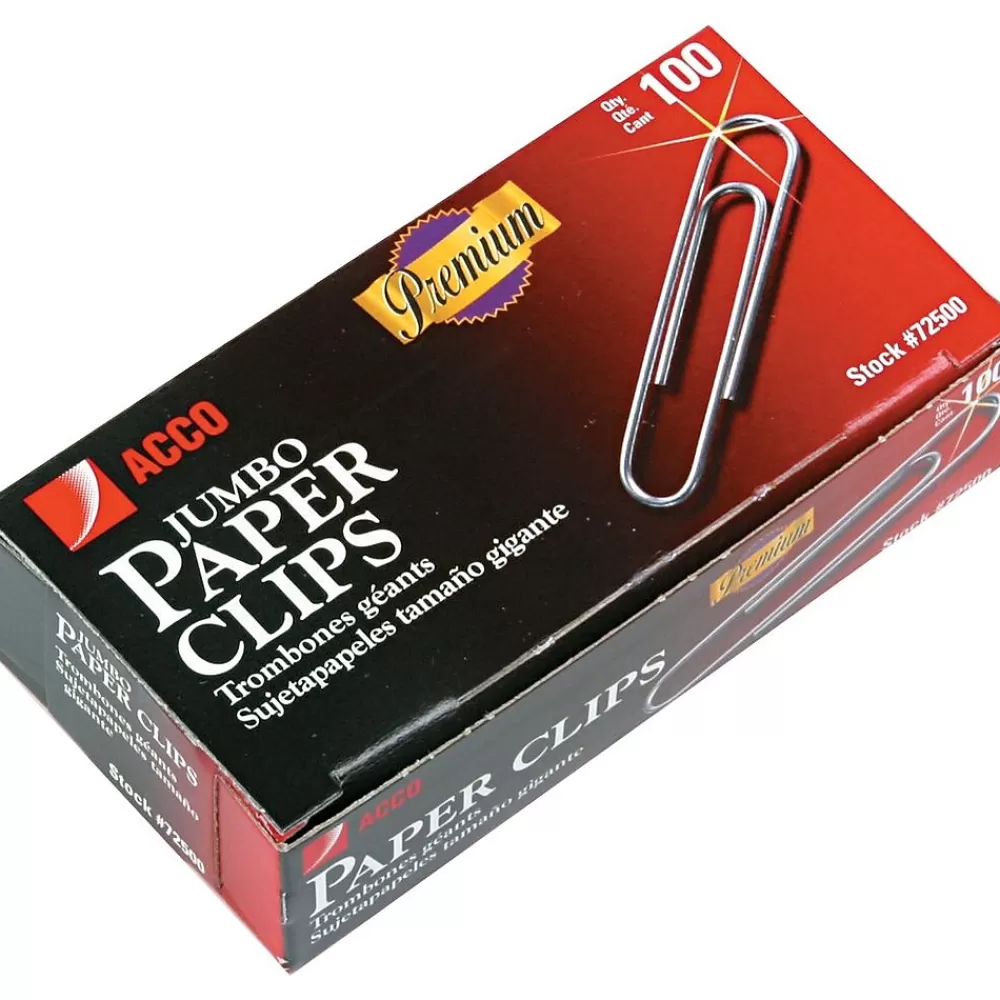 ACCO Clips & Fasteners<, Premium Jumbo Paper Clips, Smooth Finish, Jumbo Size 1-7/8", 100/Box (72500)