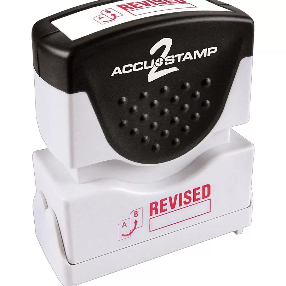 Accu-Stamp Stamps & Stamp Pads<2 One-Color Pre-Inked Shutter Message Stamp, REVISED, 1/2" x 1-5/8" Impression, Red Ink (035587)