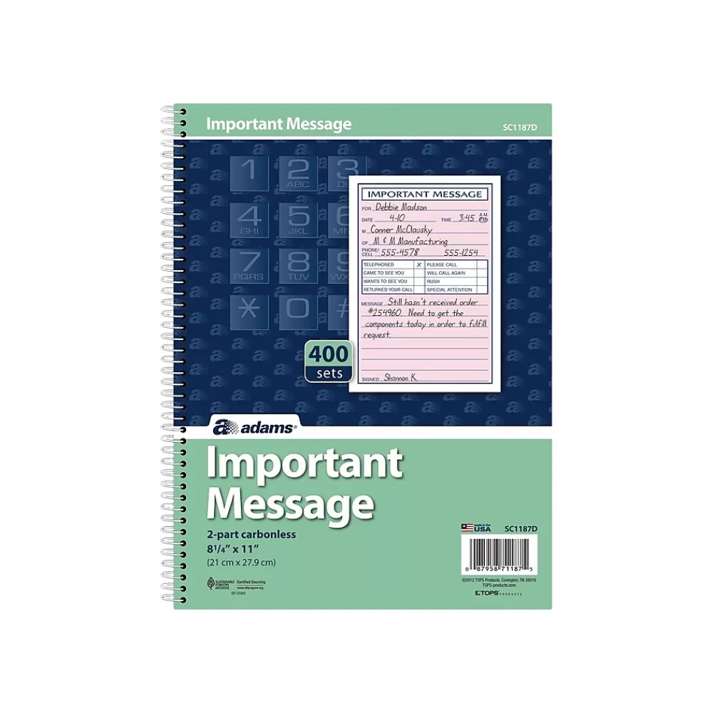 Adams Notepads<Phone Message Pad, 5.5" x 3.8", Ruled, Pink, 100 Sheets/Pad (SC1187D)