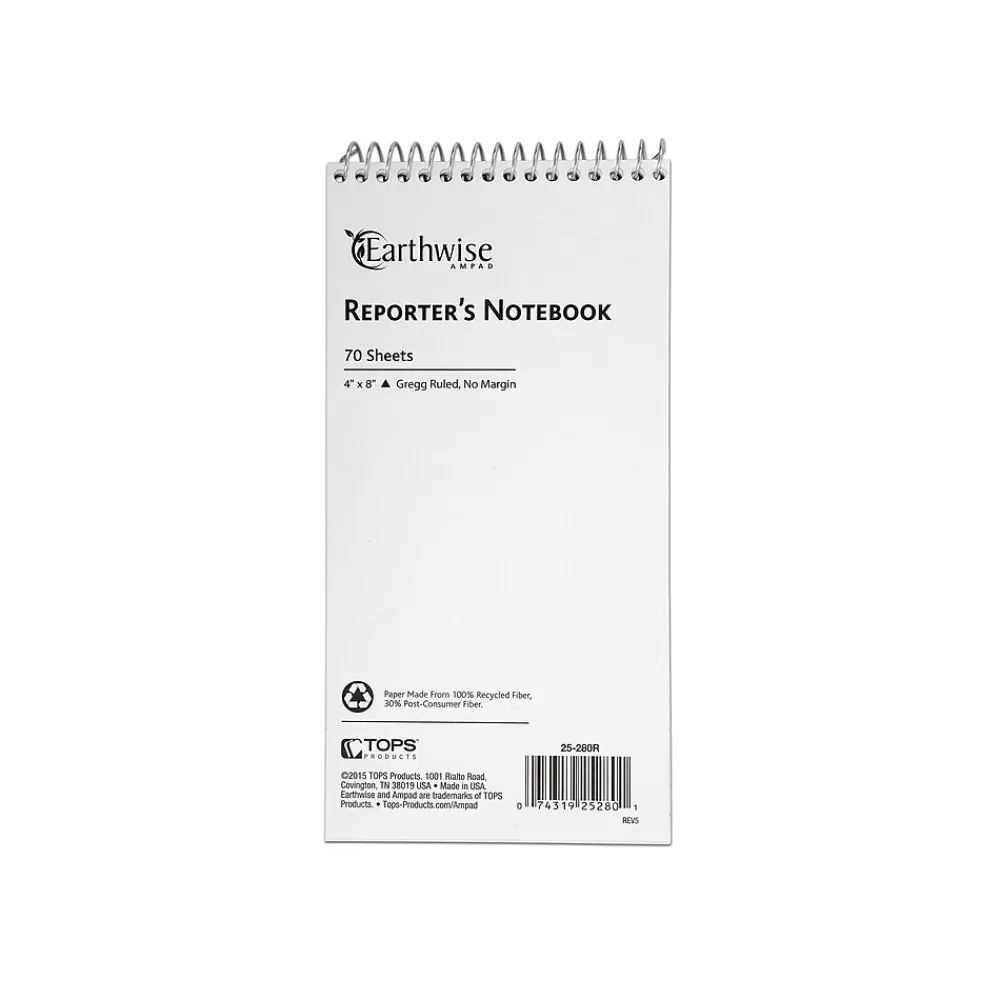 Ampad Notepads<Earthwise Reporter's Notepads, 4" x 8", Gregg Ruled, White, 70 Sheets/Pad, 12 Pads/Pack (TOP25-280R)
