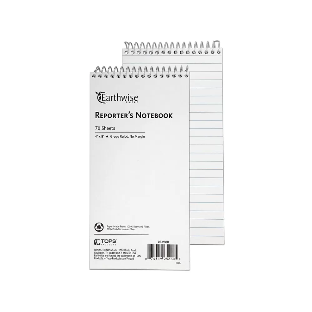 Ampad Notepads<Earthwise Reporter's Notepads, 4" x 8", Gregg Ruled, White, 70 Sheets/Pad, 12 Pads/Pack (TOP25-280R)