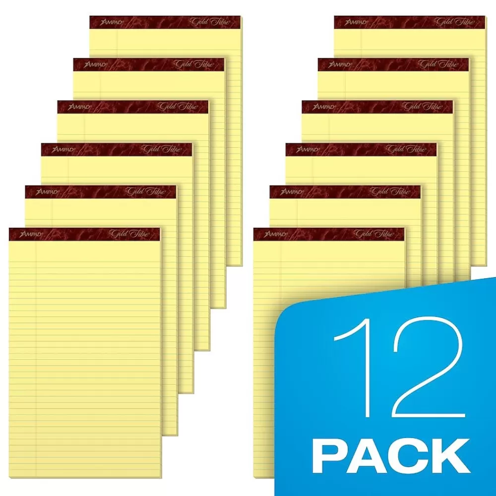 Ampad Notepads<Gold Fibre Notepads, 8.5" x 14", Wide Rule, Canary, 50 Sheets/Pad, 12 Pads/Pack (TOP 20-030R)