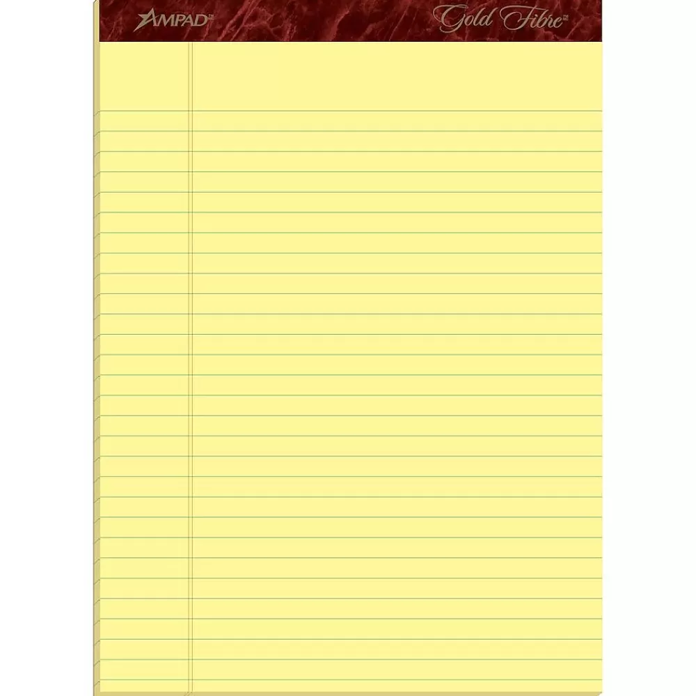 Ampad Notepads<Gold Fibre Notepads, 8.5" x 11.75", Wide Ruled, Canary, 50 Sheets/Pad, 4 Pads/Pack (TOP20-032R)