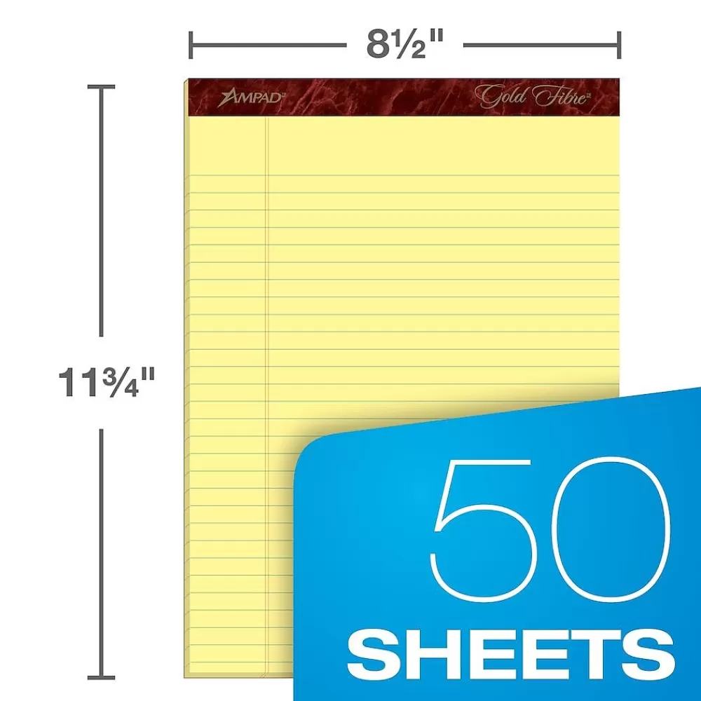 Ampad Notepads<Gold Fibre Notepads, 8.5" x 11.75", Wide Ruled, Canary, 50 Sheets/Pad, 4 Pads/Pack (TOP20-032R)