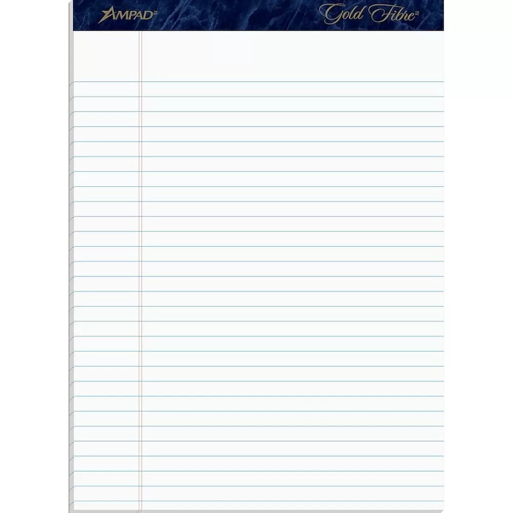 Ampad Notepads<Gold Fibre Notepads, 8.5" x 11.75", Wide Ruled, White, 50 Sheets/Pad, 4 Pads/Pack (TOP20-031R)