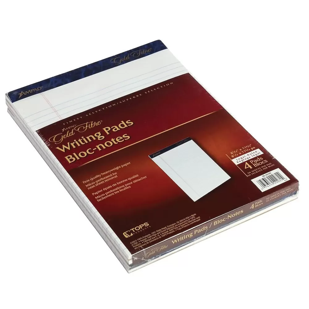 Ampad Notepads<Gold Fibre Notepads, 8.5" x 11.75", Wide Ruled, White, 50 Sheets/Pad, 4 Pads/Pack (TOP20-031R)