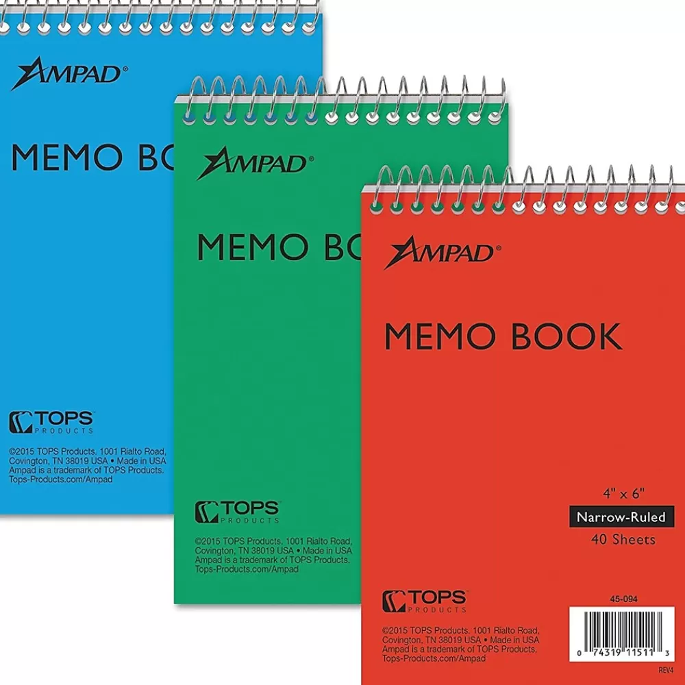 Ampad Notepads<Memo Books, 4" x 6", Narrow Ruled, Assorted Colors, 40 Sheets/Pad, 3 Pads/Pack (AMP45094)