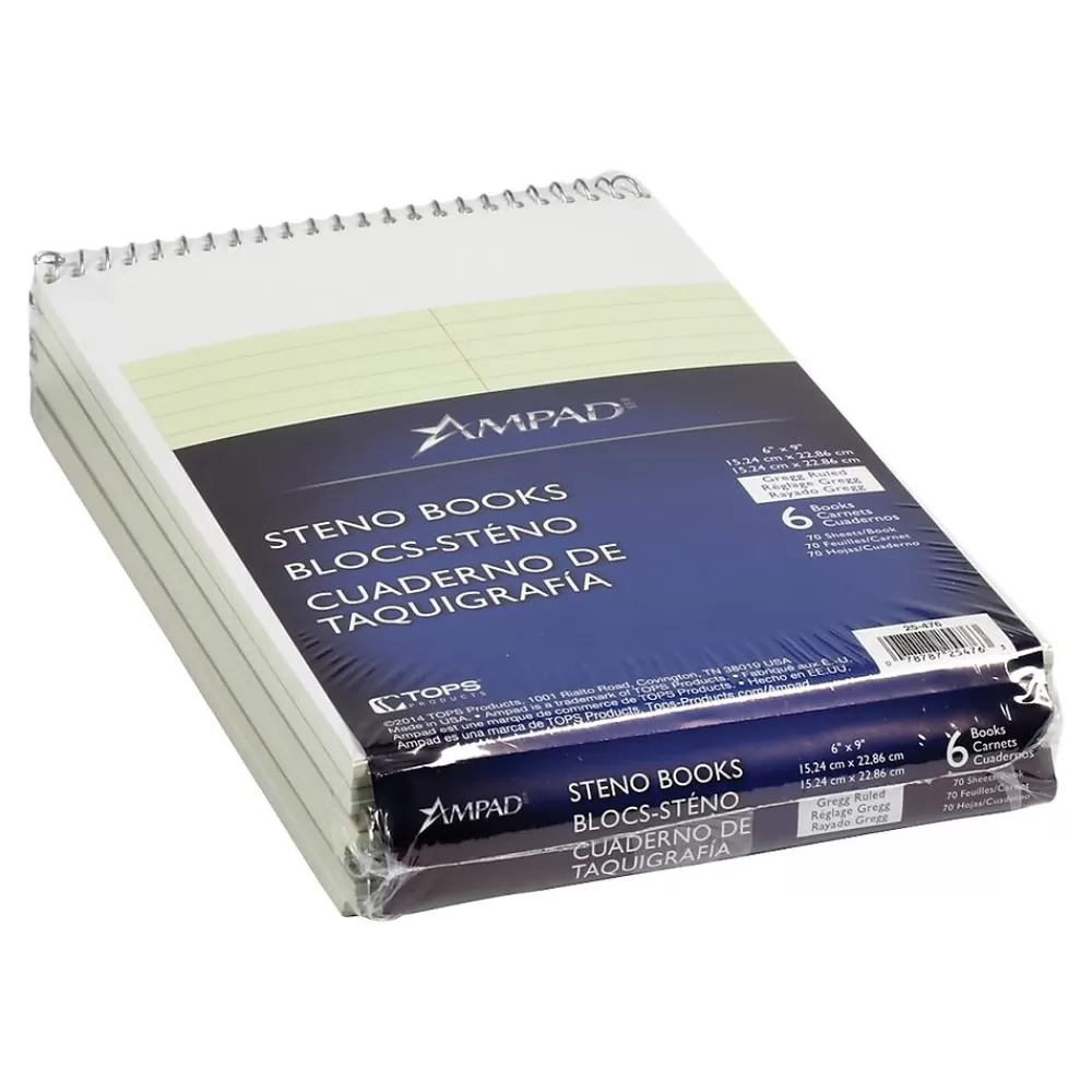 Ampad Notepads<Steno Pad, 6" x 9", Gregg Ruled, 70 Sheets, Green-Tint, 6/Pack (TOP 25-476)