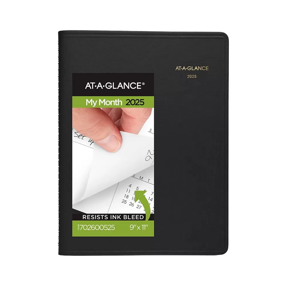 AT-A-GLANCE 2025 Planners<2025 9" x 11" Monthly Planner, Faux Leather Cover, Black (70-260-05-25)