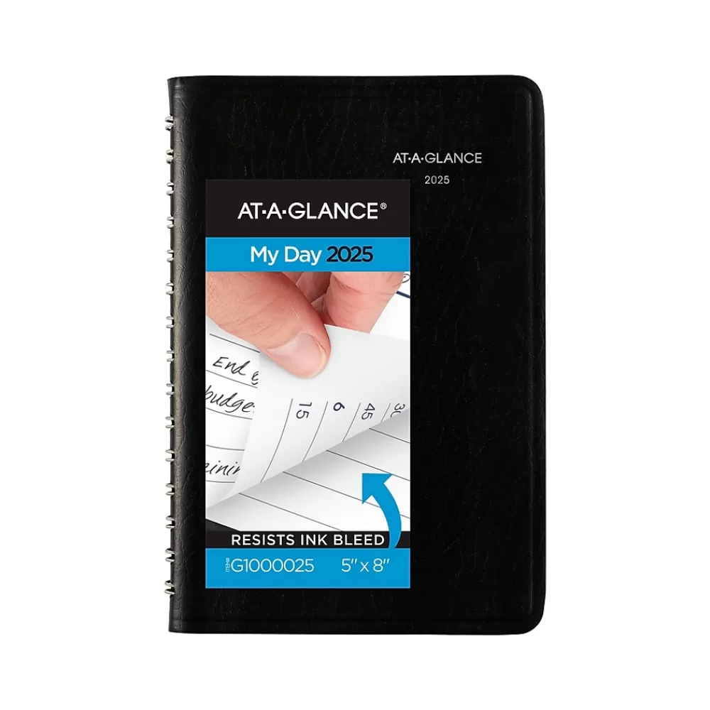 AT-A-GLANCE 2025 Planners<2025 DayMinder 5" x 8" Daily Appointment Book, Faux Leather Cover, Black (G100-00-25)