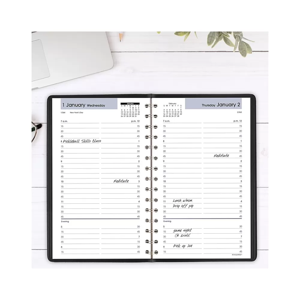 AT-A-GLANCE 2025 Planners<2025 DayMinder 5" x 8" Daily Appointment Book, Faux Leather Cover, Black (G100-00-25)