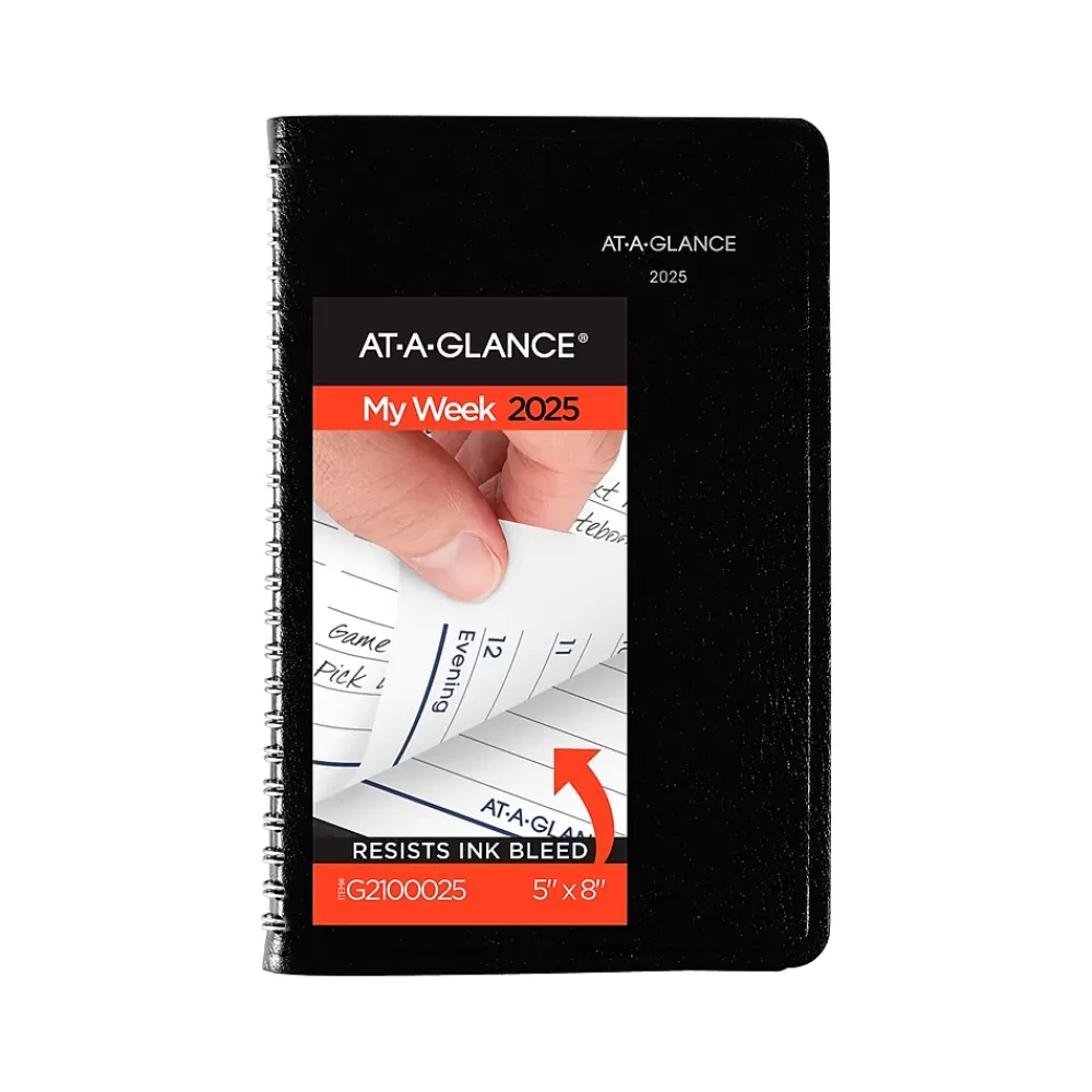 AT-A-GLANCE 2025 Planners<2025 DayMinder 5" x 8" Weekly Appointment Book, Faux Leather Cover, Black (G210-00-25)