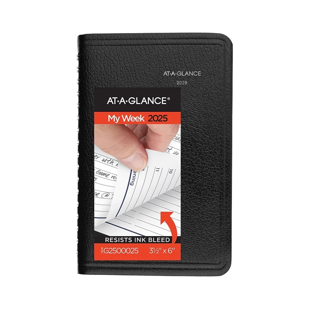 AT-A-GLANCE 2025 Planners<2025 DayMinder 3.5" x 6" Weekly Appointment Book Planner, Faux Leather Cover, Black (G250-00-25)