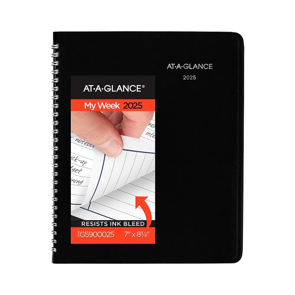 AT-A-GLANCE 2025 Planners<2025 DayMinder 7" x 8.75" Weekly Planner, Faux Leather Cover, Black (G590-00-25)