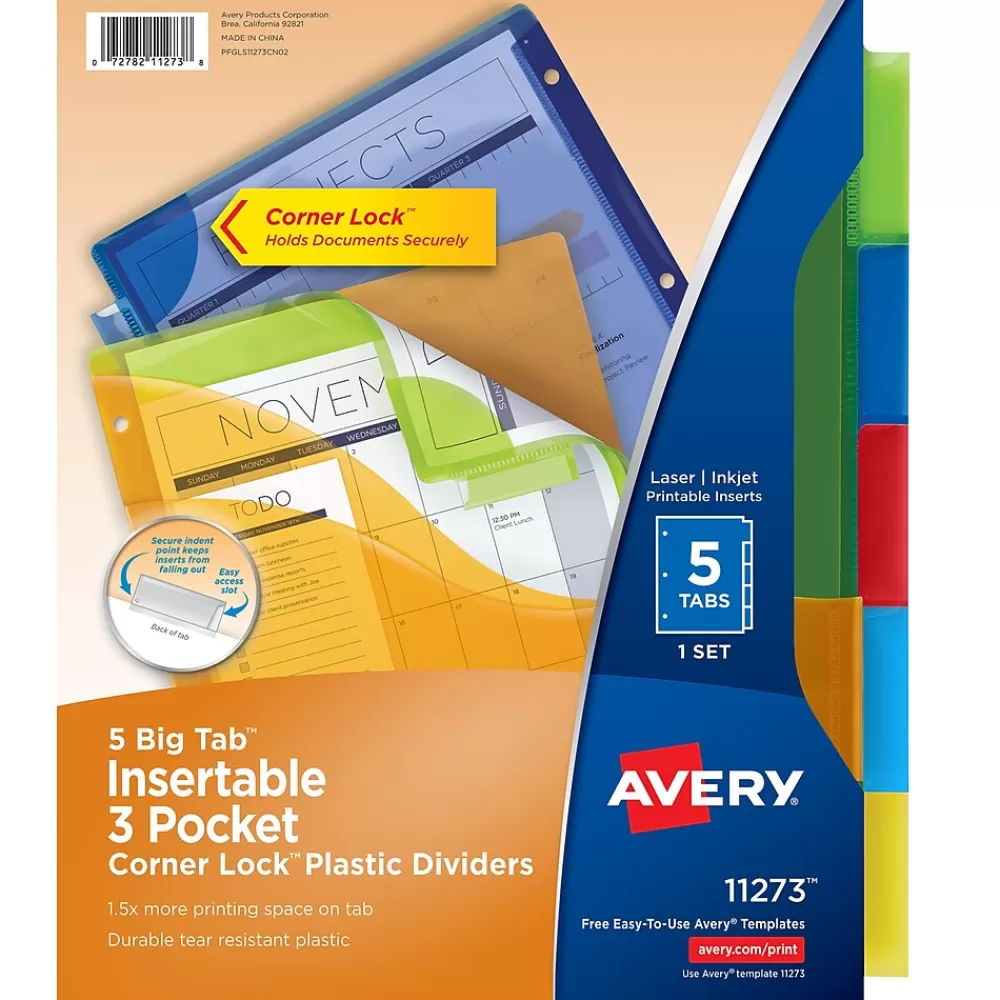 Avery Dividers<Big Tab Corner Lock Insertable Plastic Dividers with 3 Pockets, 5 Tabs, Multicolor (11273)