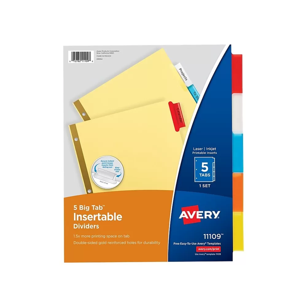 Avery Dividers<Big Tab Insertable Buff Paper Dividers, 5-Tab, Assorted Colors, 48 Sets/Carton (11109)