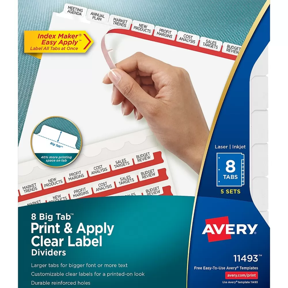 Avery Dividers<Big Tab Print & Apply Label Blank Dividers, 8-Tab, Clear, 5/Set (11493)