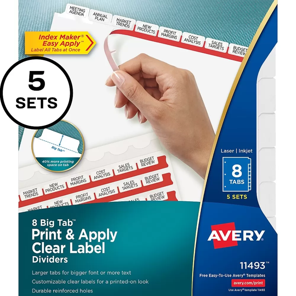 Avery Dividers<Big Tab Print & Apply Label Blank Dividers, 8-Tab, Clear, 5/Set (11493)