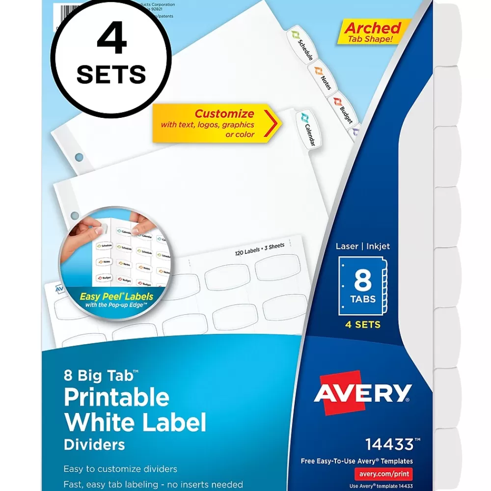 Avery Dividers<Big Tab Printable Paper Dividers with White Labels, 8 Tabs, 4 Sets/Pack (14433)