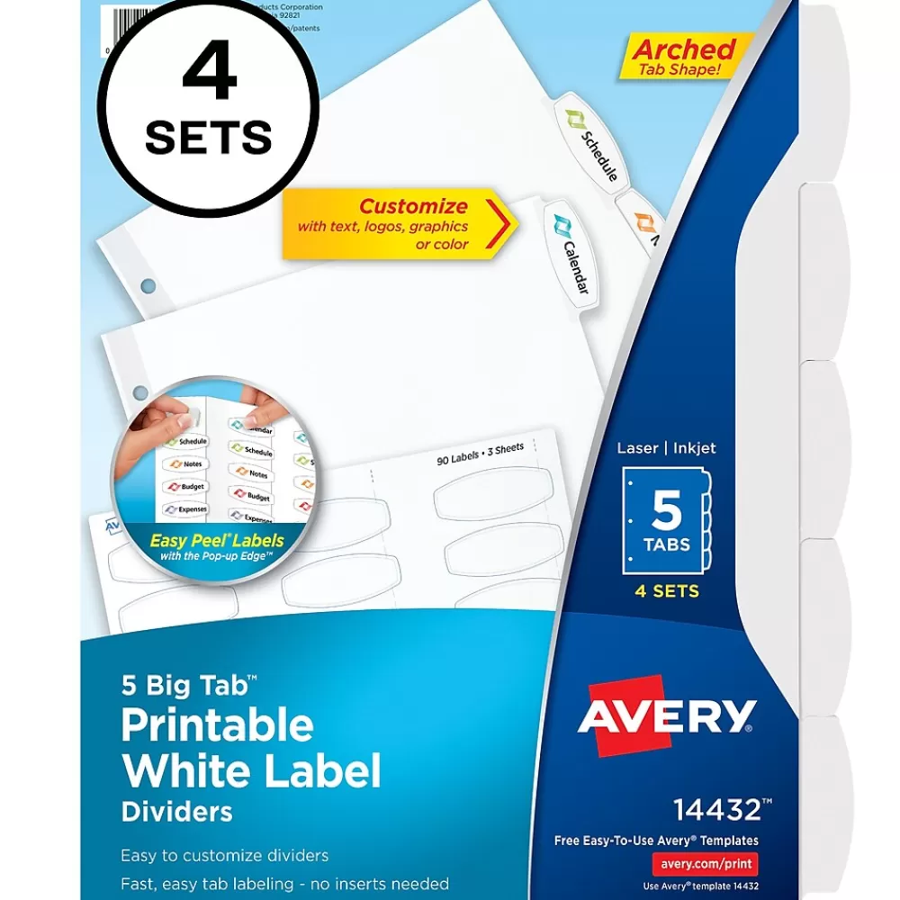 Avery Dividers<Big Tab Printable Paper Dividers with White Labels, 5 Tabs, 4 Sets/Pack (11432)