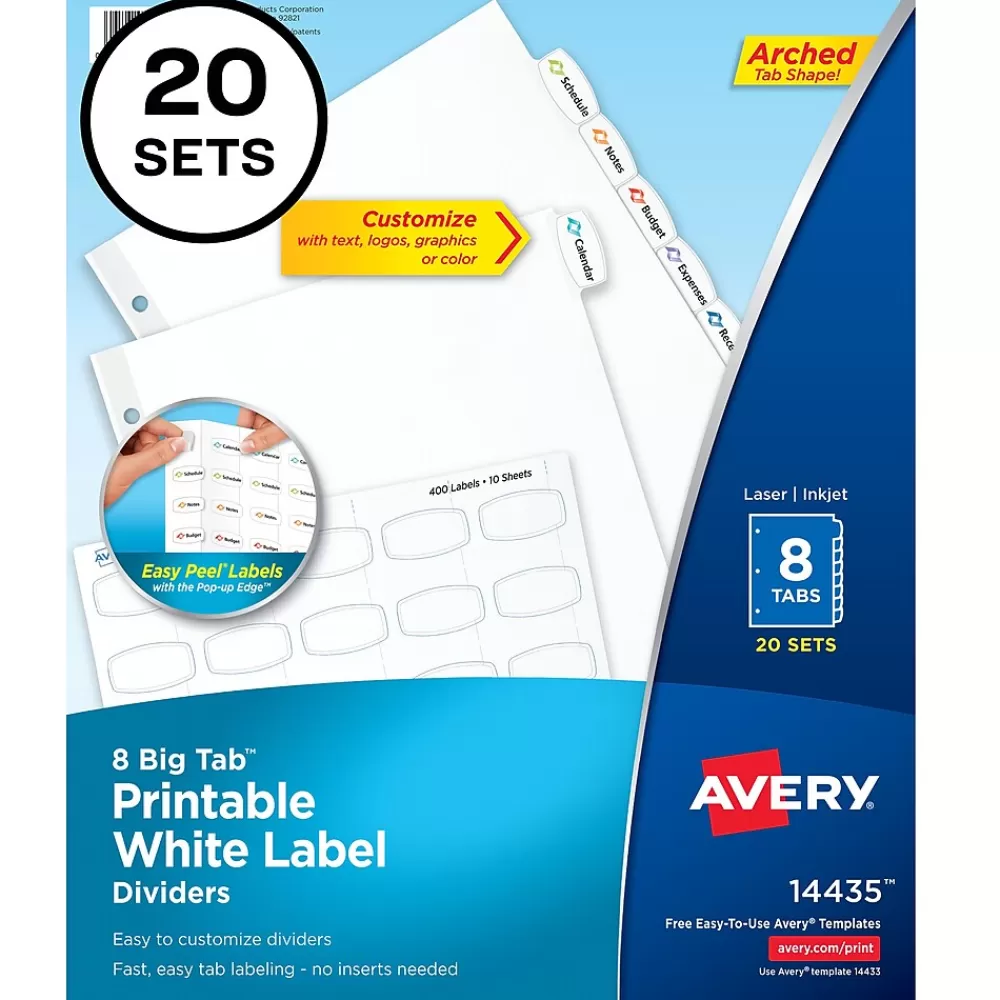 Avery Dividers<Big Tab Printable Paper Dividers with White Labels, 8 Tabs, 20 Sets/Pack (11435)