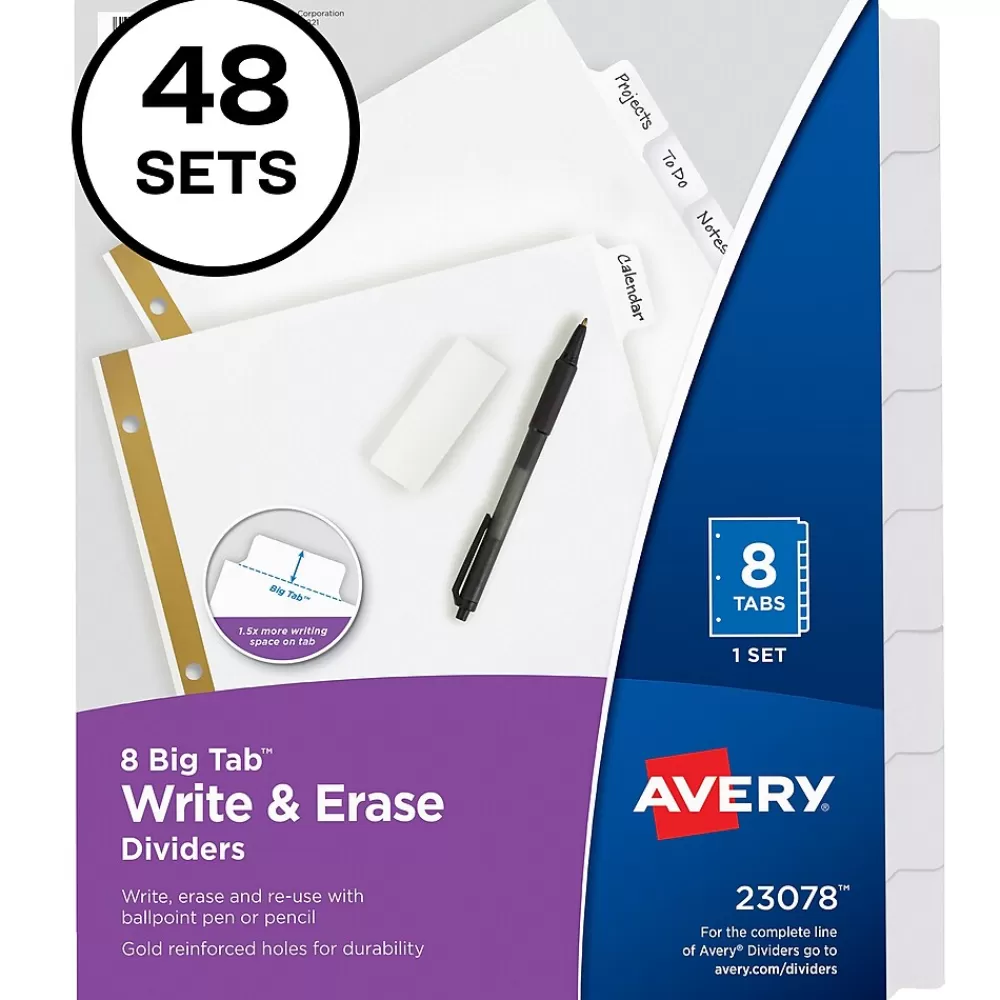 Avery Dividers<Big Tab Write & Erase Paper Dividers, 8 Tab, White, 48 Sets/Carton (23078CT)