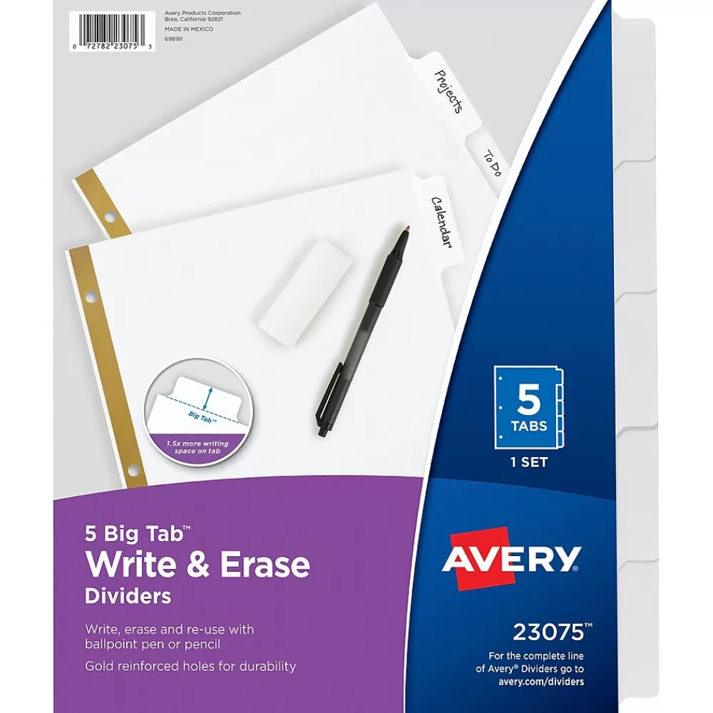 Avery Dividers<Big Tab Write & Erase Paper Dividers, 5 Tabs, White, Gold Reinforced, 48 Sets/Carton (23075)