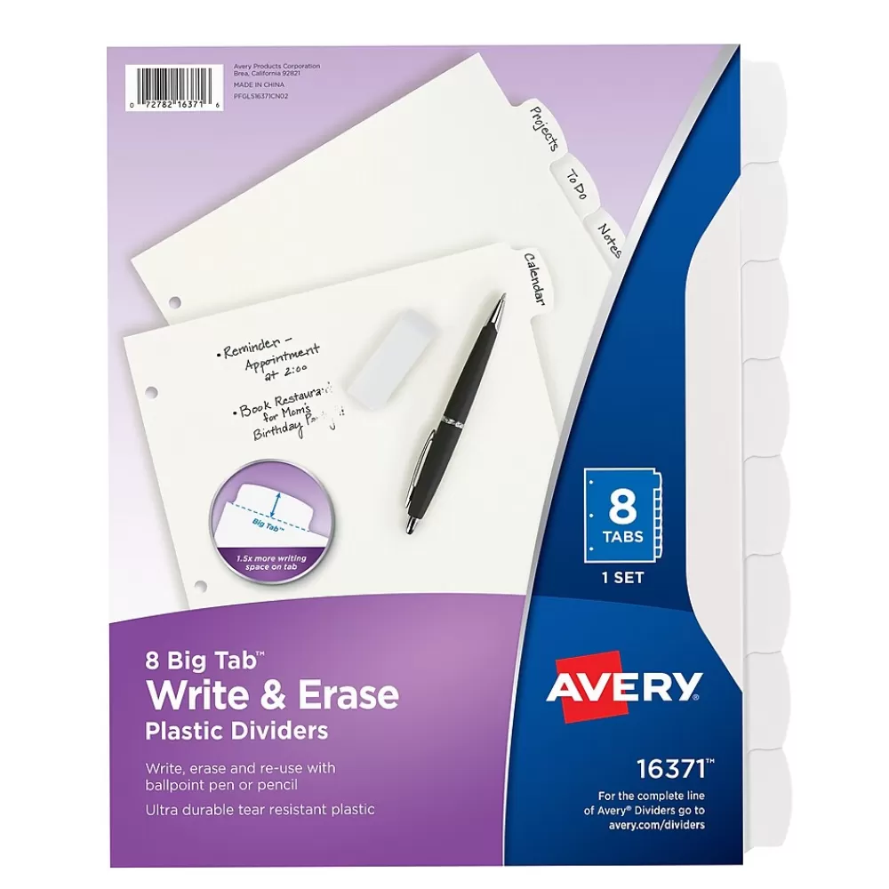 Avery Dividers<Big Tab Write & Erase Plastic Dividers, 8 Tabs, White (16371)