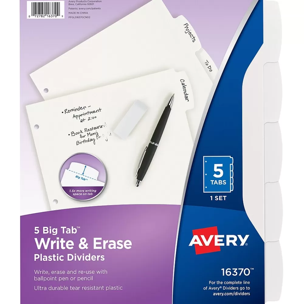 Avery Dividers<Big Tab Write & Erase Plastic Dividers, 5 Tabs, White (16370)