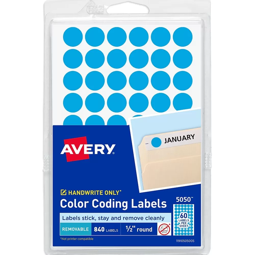 Avery Labels<Color-Coding Labels, 1/2 " Dia, Light Blue, Non-Printable, 840 Labels/Pack (5050)