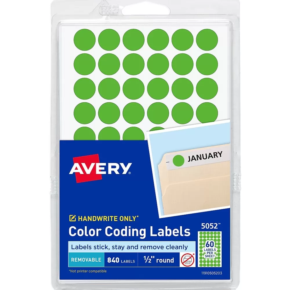 Avery Labels<Color-Coding Labels, 1/2 " Dia, Neon Green, Non-Printable, 840 Labels/Pack (5052)