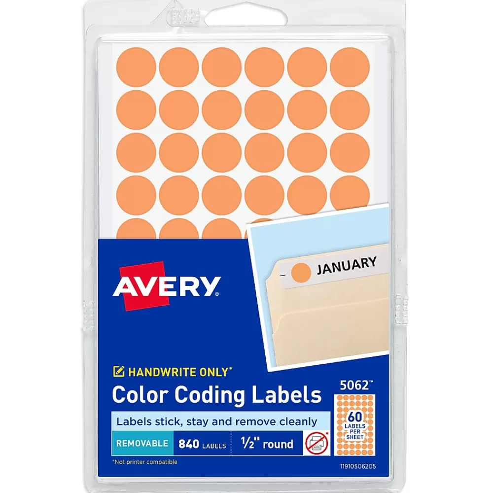 Avery Labels<Color-Coding Labels, 1/2 " Dia, Neon Orange, Non-Printable, 840 Labels/Pack (5062)
