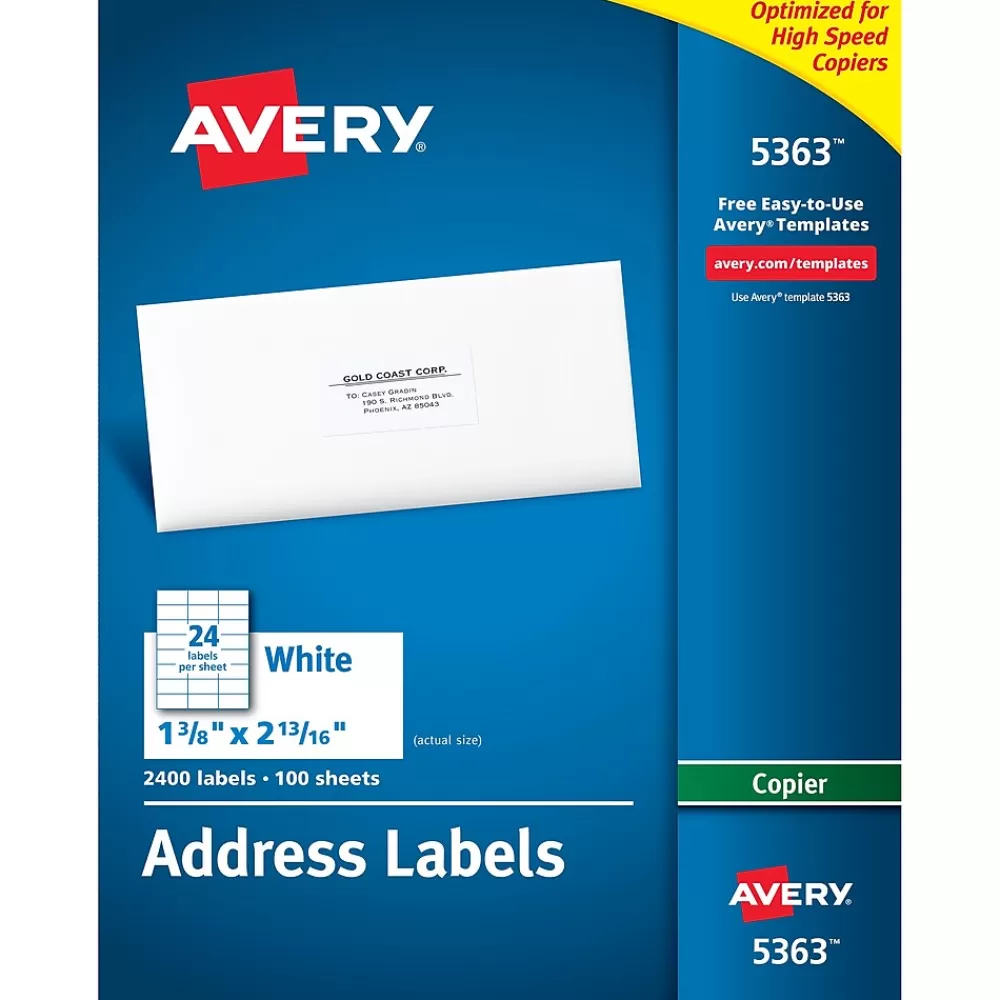 Avery Labels<Copier Address Labels, 1-3/8" x 2-13/16", White, 2,400 Labels/Box (5363)