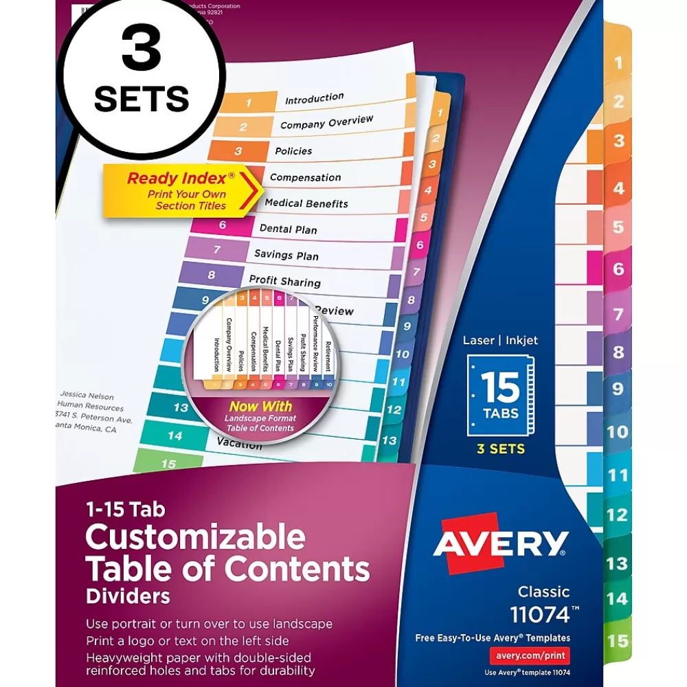 Avery Dividers<Customizable Table Of Contents Divider, 15-Tab, White, 3 Sets/Pack (11074)