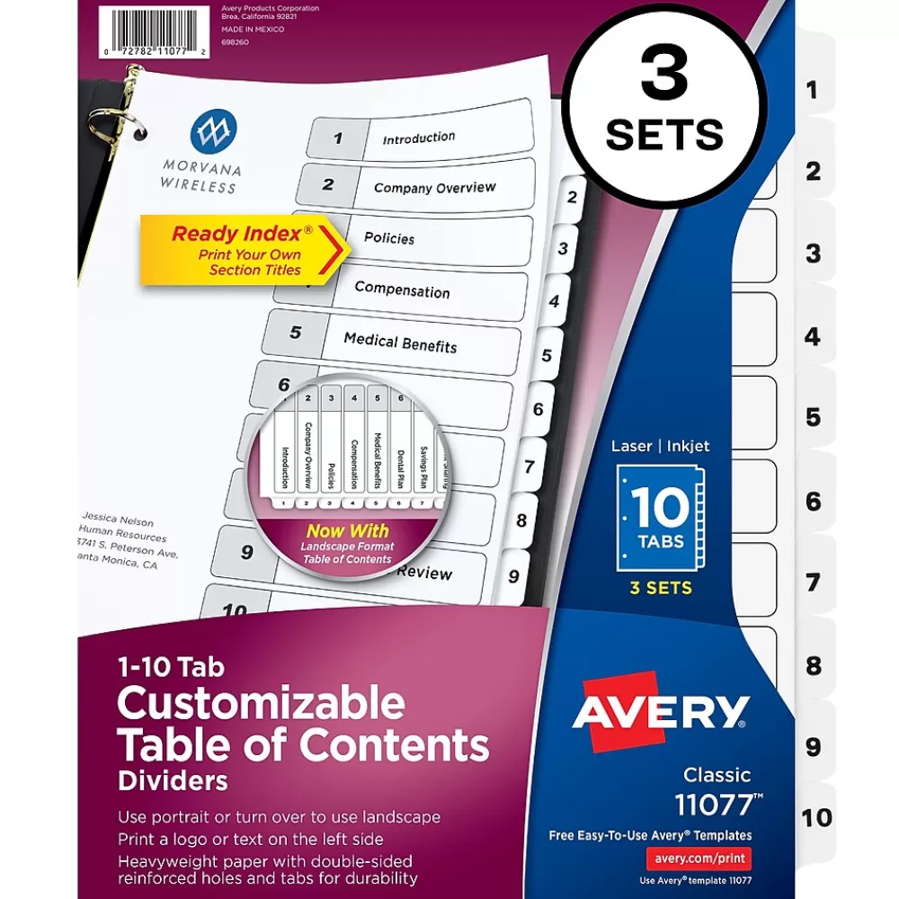 Avery Dividers<Customizable Table of Contents Divider, 10-Tab, White, 3/Pack (11077)