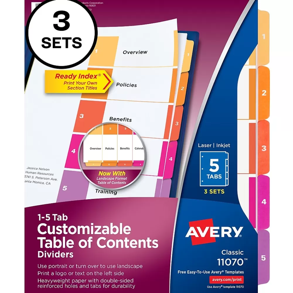 Avery Dividers<Customizable Table of Contents Dividers, 5-Tab, Multicolor, 3 Sets/Pack (11070)