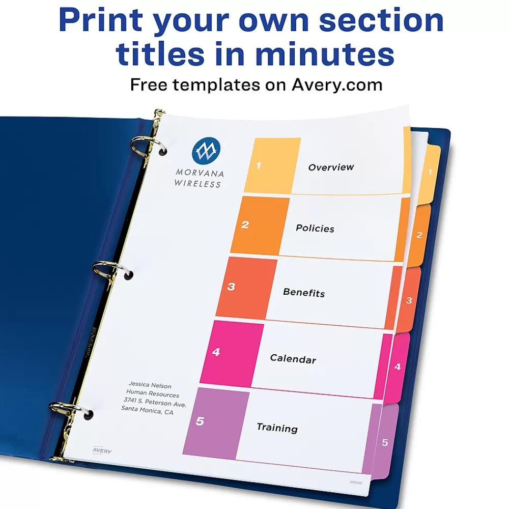 Avery Dividers<Customizable Table of Contents Dividers, 5-Tab, Multicolor, 3 Sets/Pack (11070)