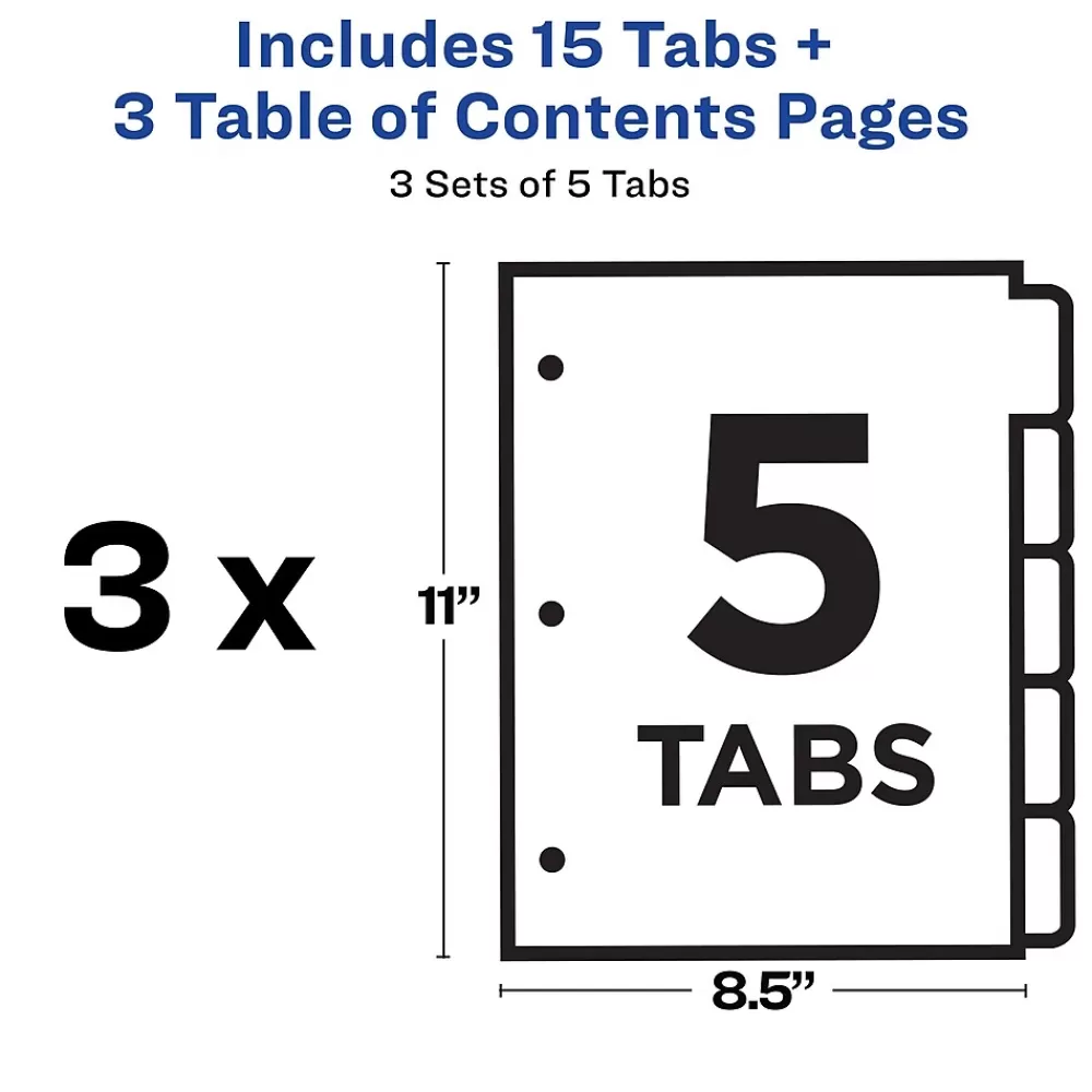 Avery Dividers<Customizable Table of Contents Dividers, 5-Tab, Multicolor, 3 Sets/Pack (11070)