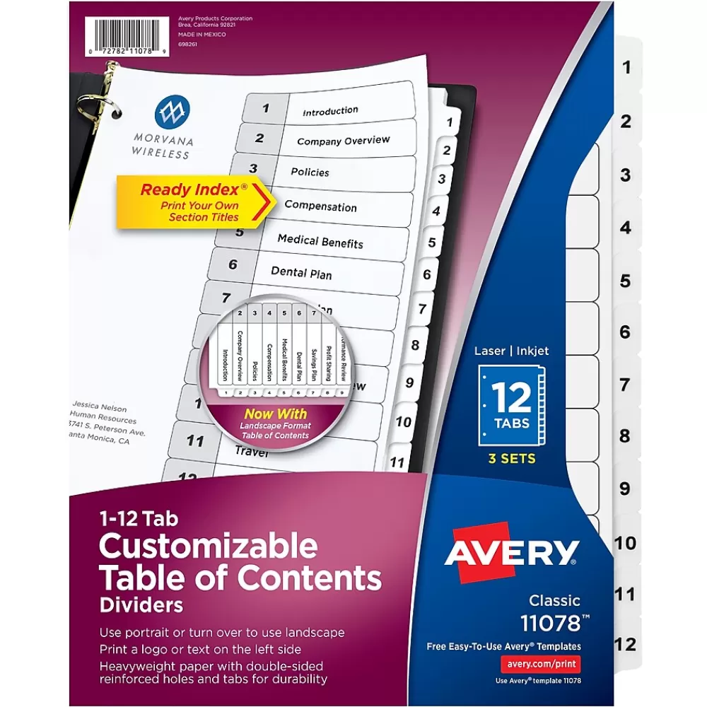 Avery Dividers<Customizable Table of Contents Dividers, 12-Tabs, White, 3 Sets/Pack (11078)