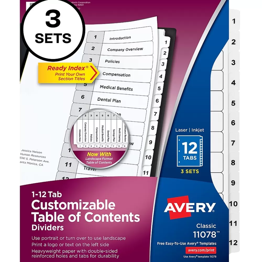 Avery Dividers<Customizable Table of Contents Dividers, 12-Tabs, White, 3 Sets/Pack (11078)