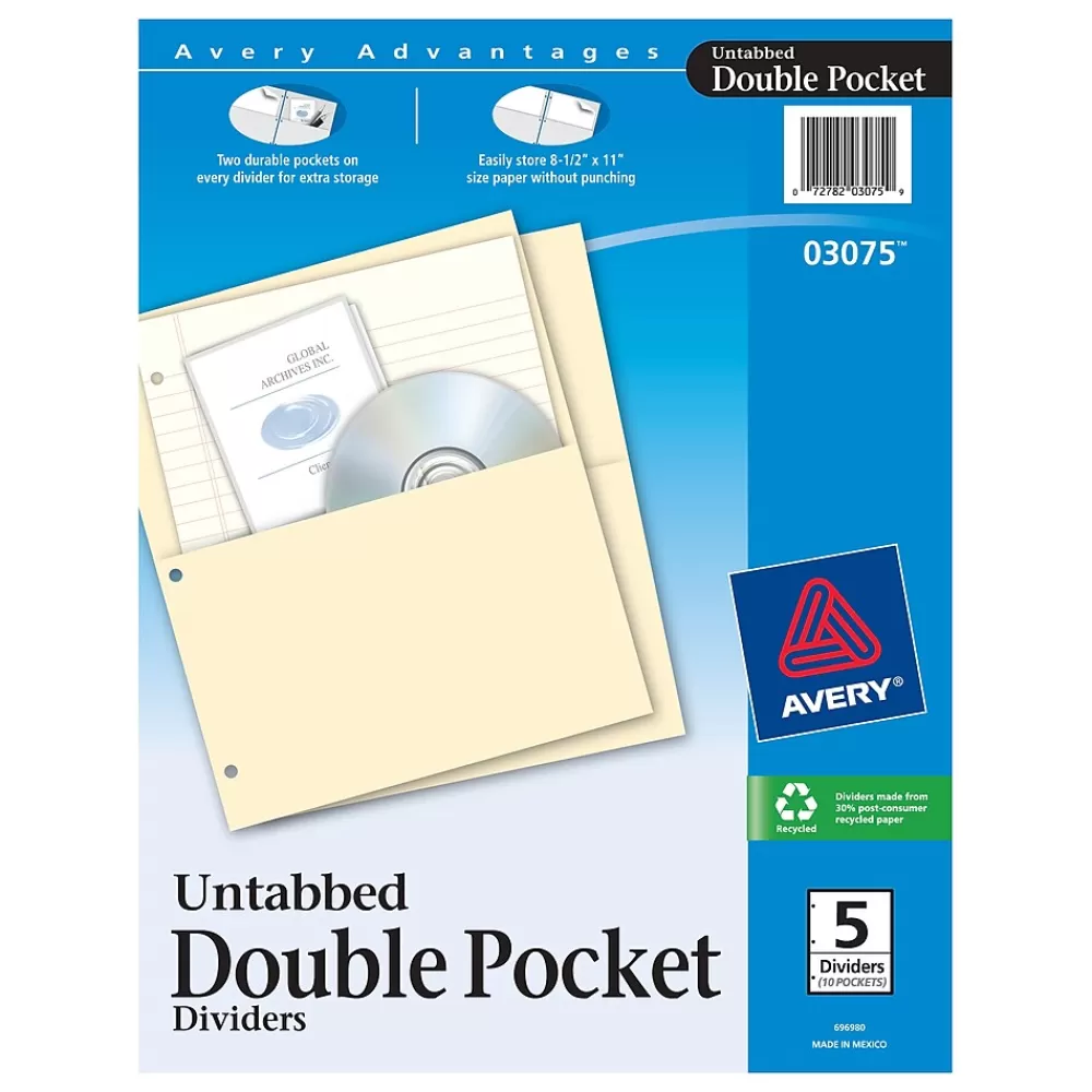 Avery Dividers<Double Pocket Paper Dividers, Untabbed, Manila, 5 Dividers/Pack (03075)