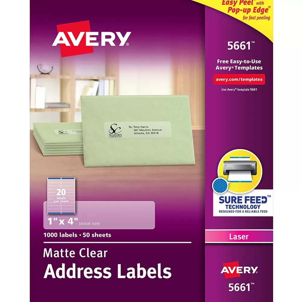 Avery Labels<Easy Peel Laser Address Labels, 1" x 4", Clear, 1,000 Labels/Box (5661)