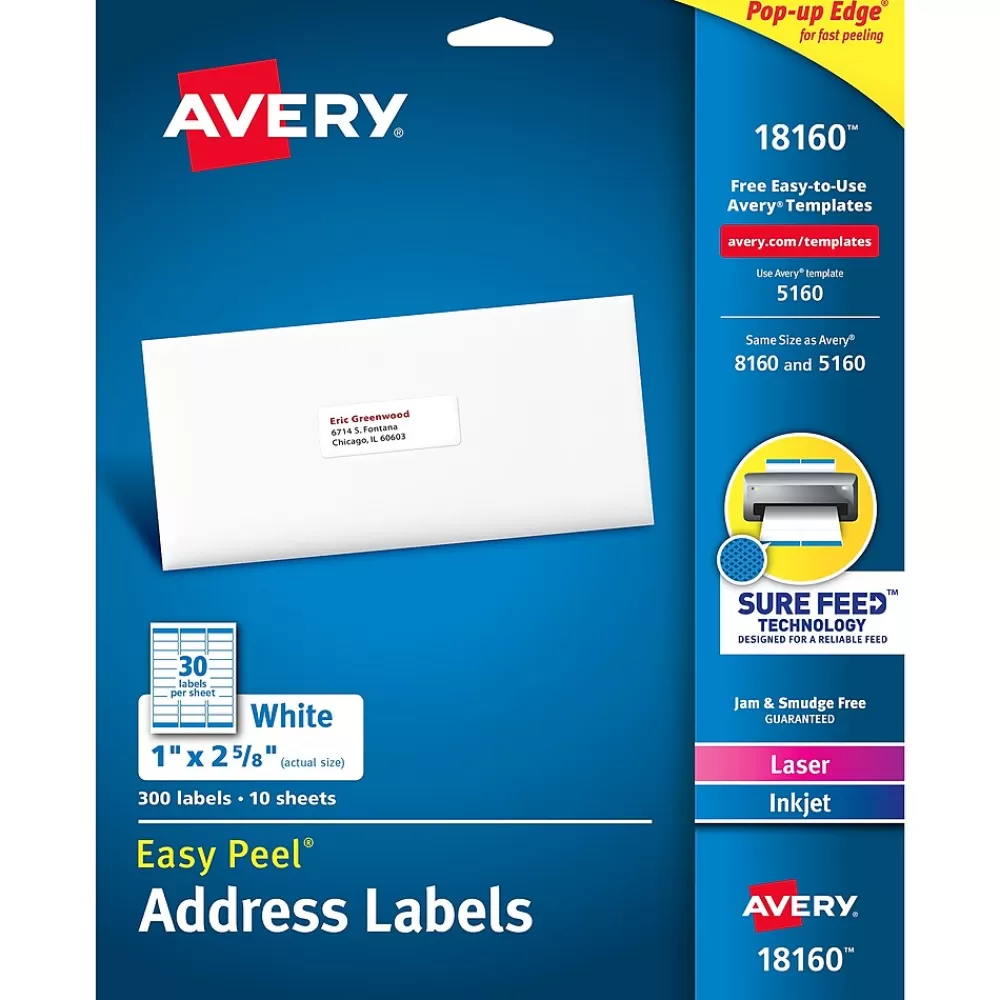 Avery Labels<Easy Peel Laser/Inkjet Address Labels, 1" x 2-5/8", White, 300 Labels/Pack (18660)