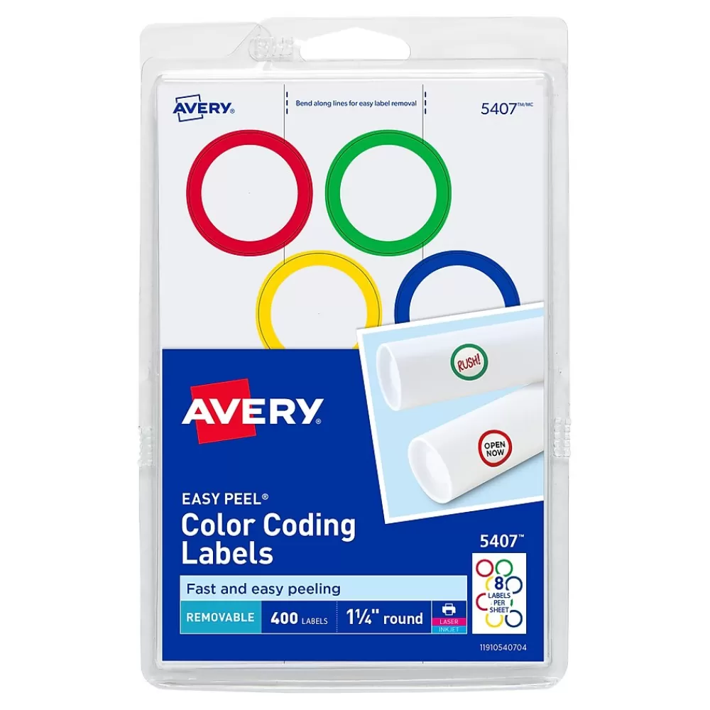 Avery Labels<Easy Peel Laser/Inkjet Color-Coding Labels, 4" x 6" Sheets, 1-1/4" Dia, Assorted Colors, 400 Labels/Pack (5407)