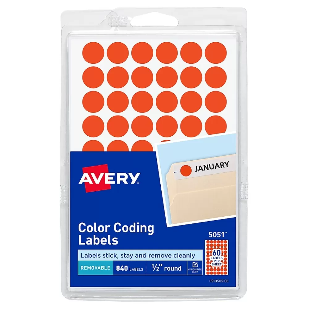 Avery Labels<Hand Written Color Coding Labels, 0.5"Dia., Neon Red, 60/Sheet, 14 Sheets/Pack (5051)