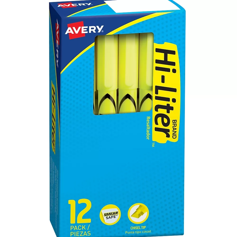 HI-LITER Highlighters<Avery Pen-Style Stick Highlighters, Chisel Tip, Yellow, Dozen (23591)