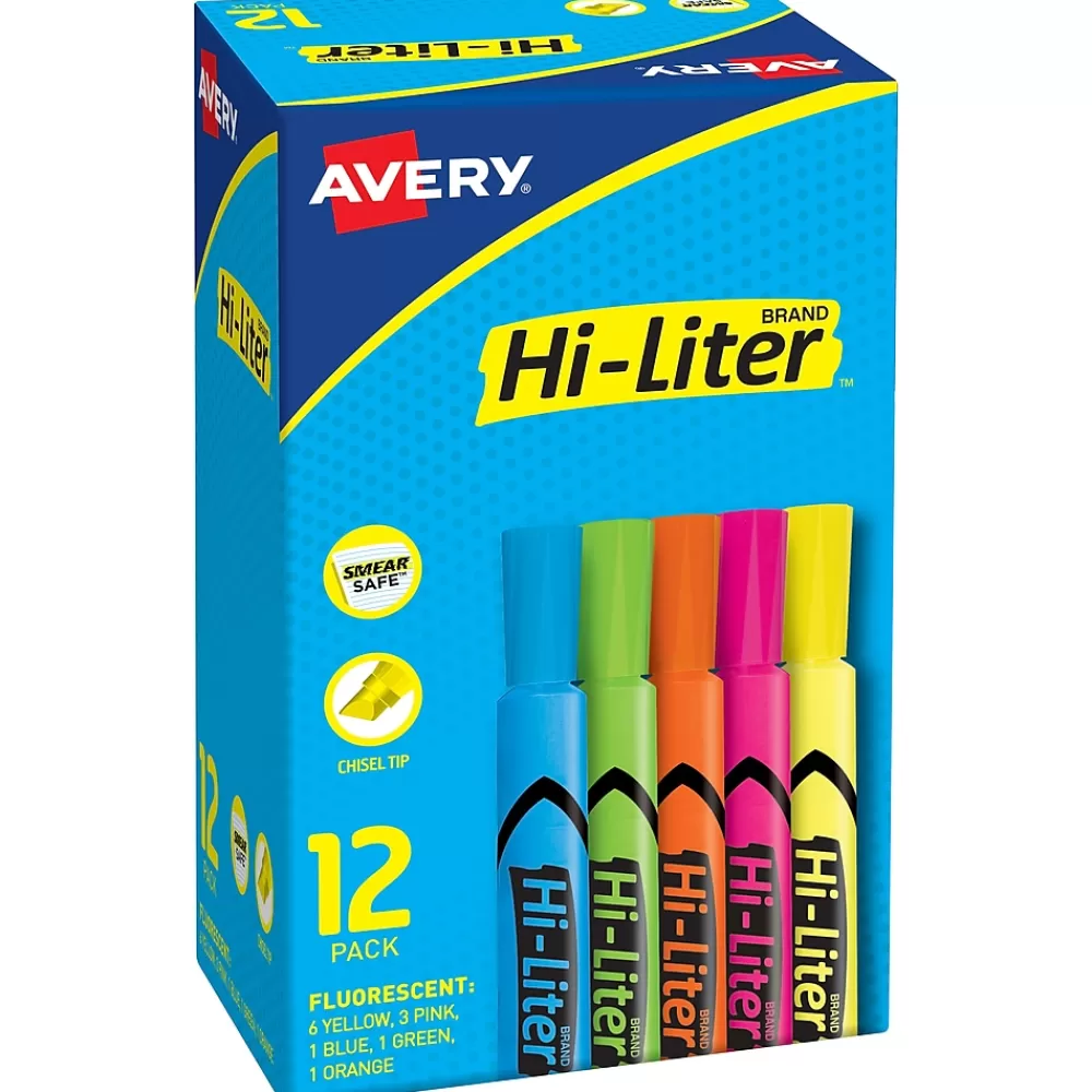 Avery Highlighters<HI-LITER The Original Tank Highlighters, Chisel, Assorted Fluorescent, 12/Set (98034)